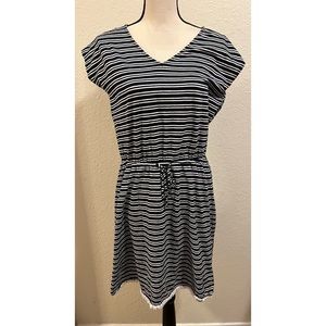 Black and white striped ladies dress with tie in middle